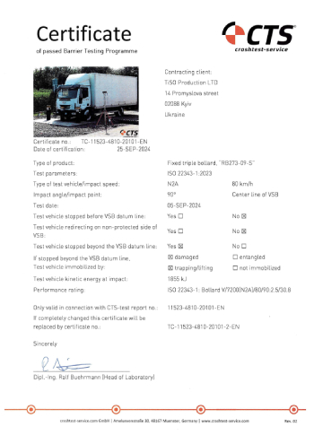 Certificate of ISO 22343 Fixed bollards (273-09-S)