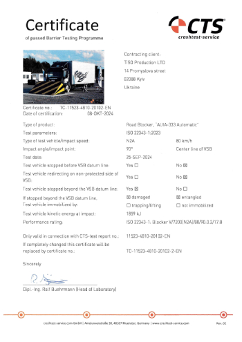 Certificate of ISO 22343 Shallow road blocker (RB 33X)